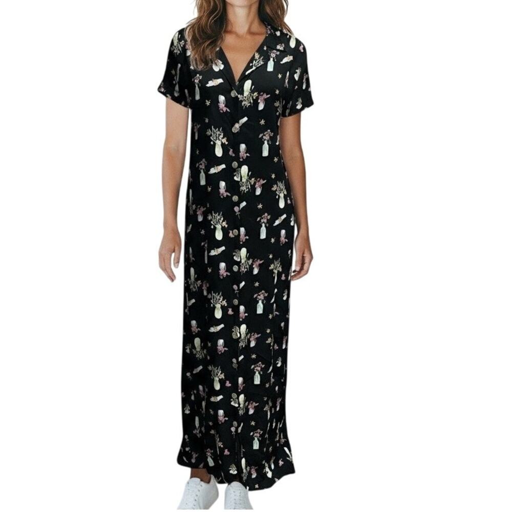 Vintage 90s Caren Desiree CDC‎ Maxi Dress 14 Black Flower Vases Retro Cottage